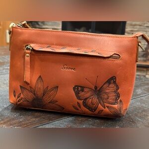 Szone Tan Leather Clutch with Floral and Butterfly Design